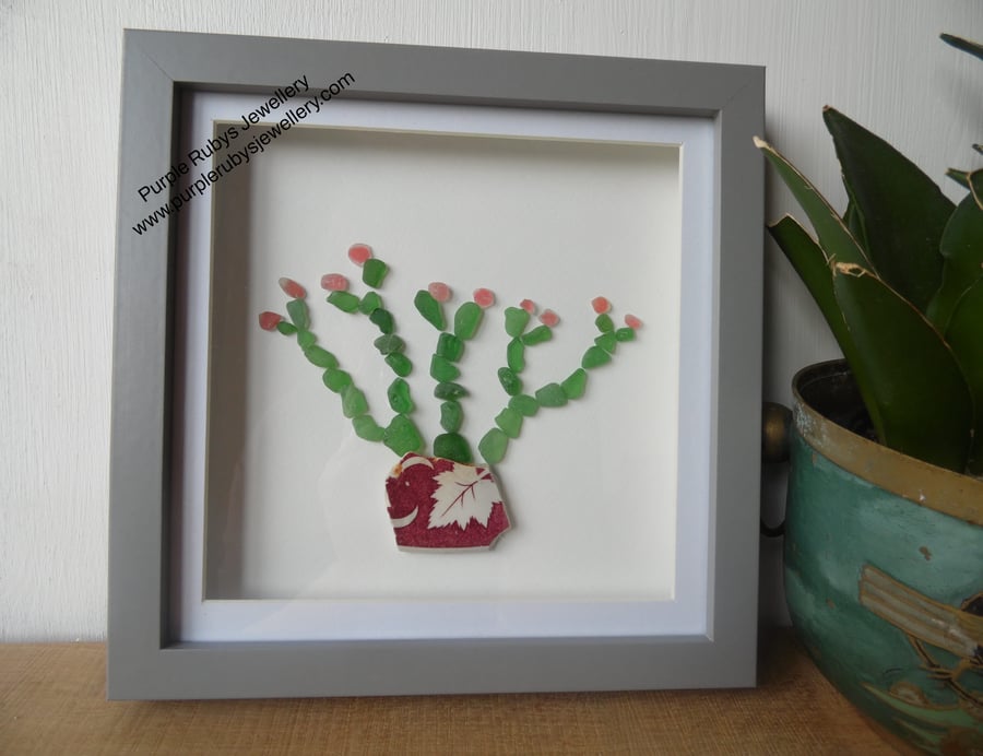 Sea Glass Succulent with Red Flowers in Red Leaf Beach Pottery Plant Pot P075