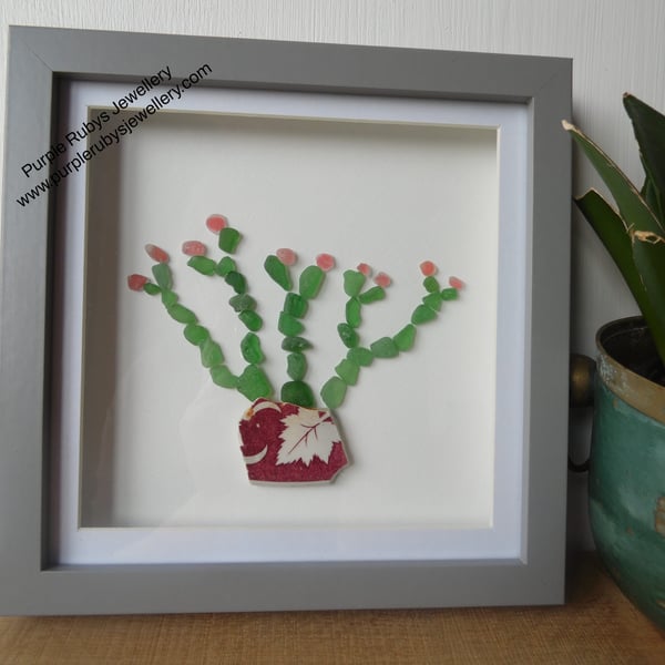 Sea Glass Succulent with Red Flowers in Red Leaf Beach Pottery Plant Pot P075