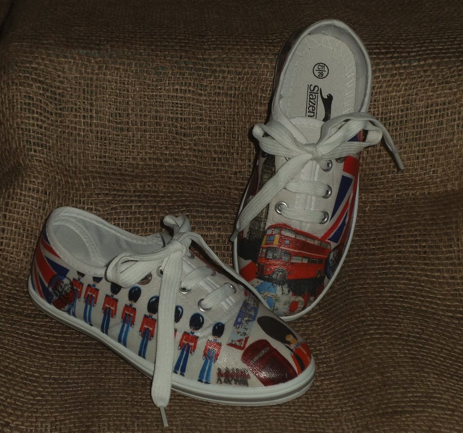 Decorated Canvas Shoes CHILDREN’S SIZE 11 London Great Britain Unique Decoupage