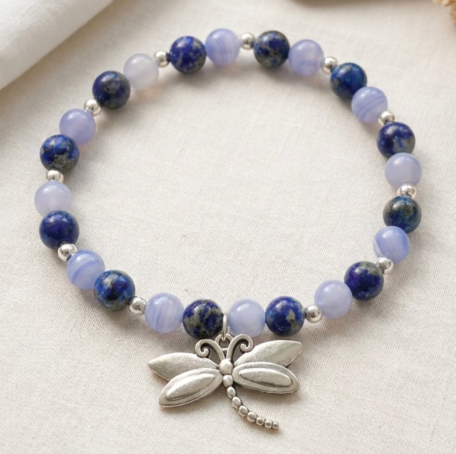  Lapis Lazuli & Blue Lace Agate Dragonfly Bracelet