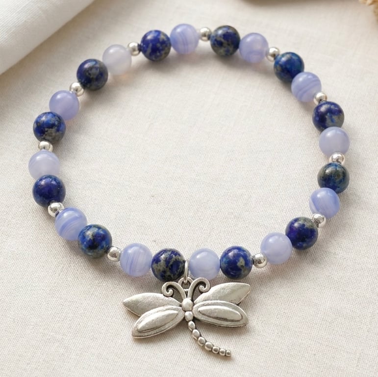  Lapis Lazuli & Blue Lace Agate Dragonfly Bracelet