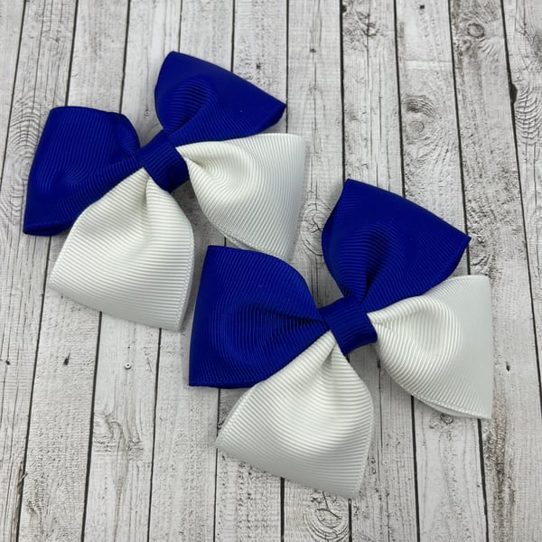 Cobalt Blue and White Two Tone Double with Bows on Clips (pair)