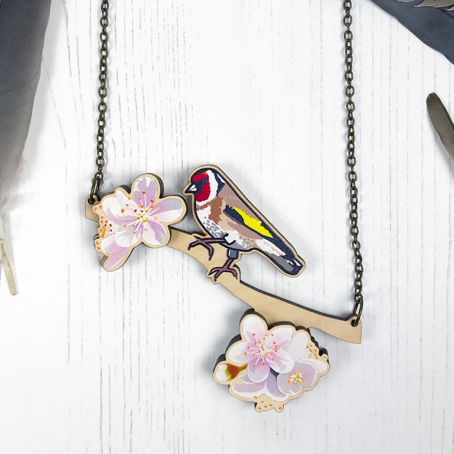 Cherry Blossom and Goldfinch Illustration Wooden Statement Necklace