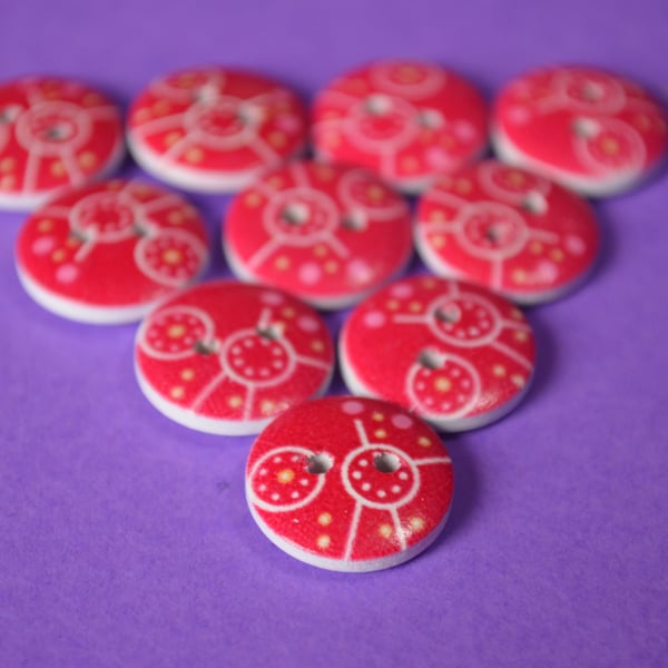 15mm Red Retro Buttons White Base 10pk Circles (S2)