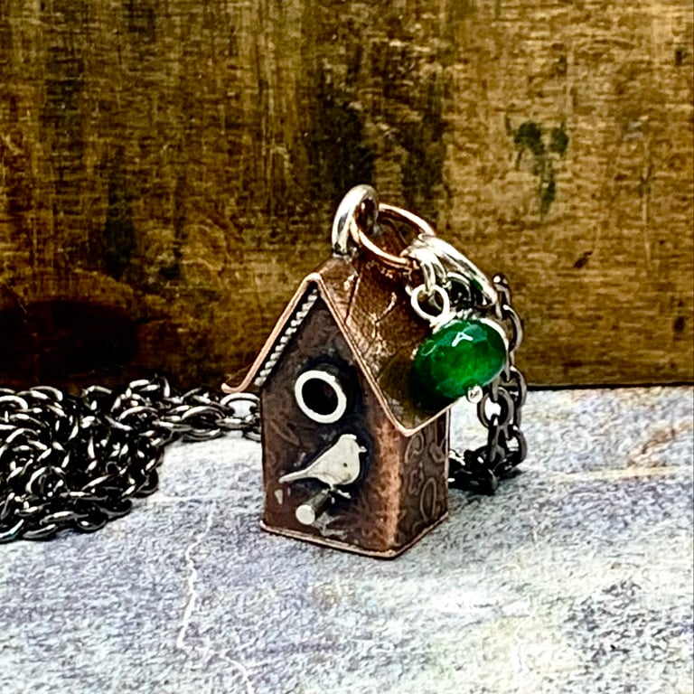 Bird House Copper & Silver Pendant
