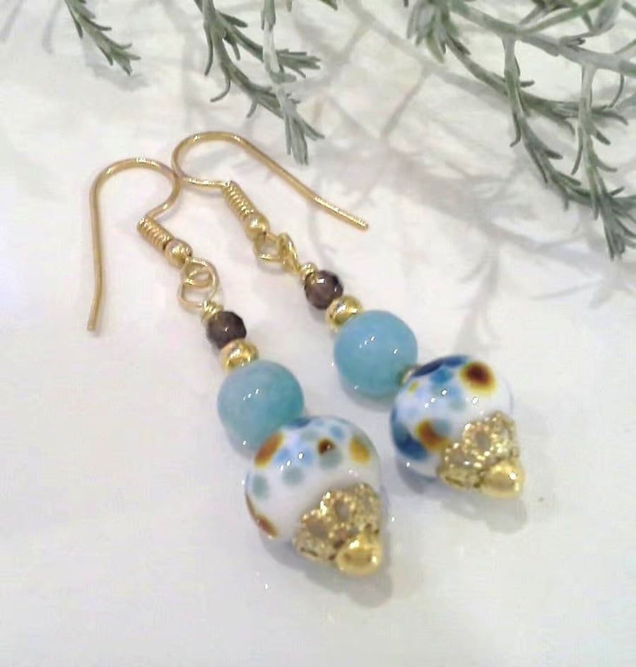 Hand Made Lampwork Bead, Quartzite, Smokey Quartz, Gold Plated