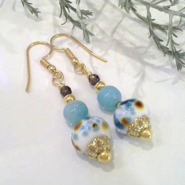 Hand Made Lampwork Bead, Quartzite, Smokey Quartz, Gold Plated