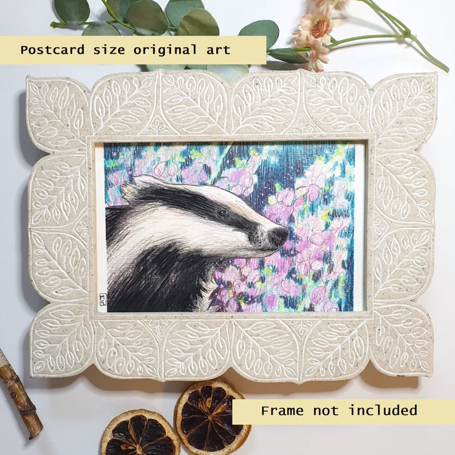 Badger with lilac flowers, original animal drawing, badger art