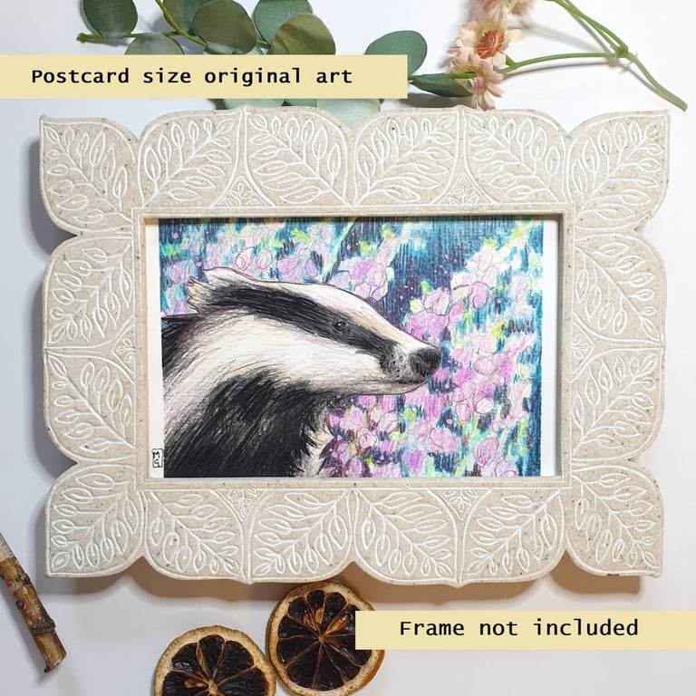 Badger with lilac flowers, original animal drawing, badger art