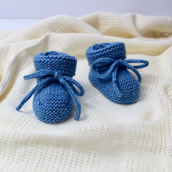 Hand Knitted Denim Blue Baby Booties 0 - 3 Months