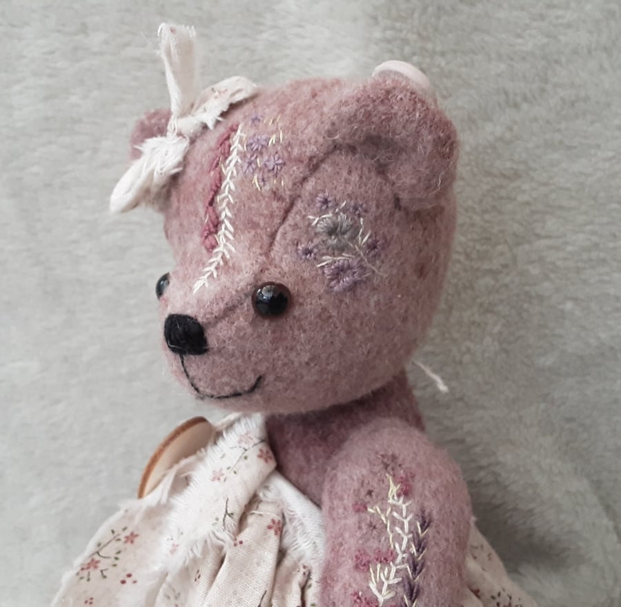 Hand embroidered one of a kind collectable dressed teddy bear, hand dyed alpaca