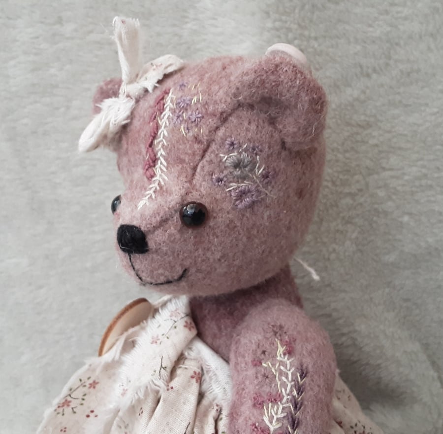 Hand embroidered one of a kind collectable dressed teddy bear, hand dyed alpaca