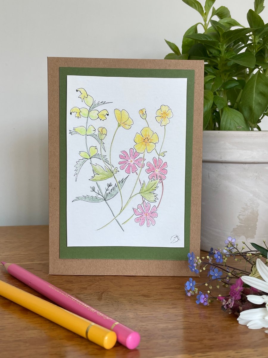 Greeting card, original artwork, hand drawn wildflowers, blank, birthday