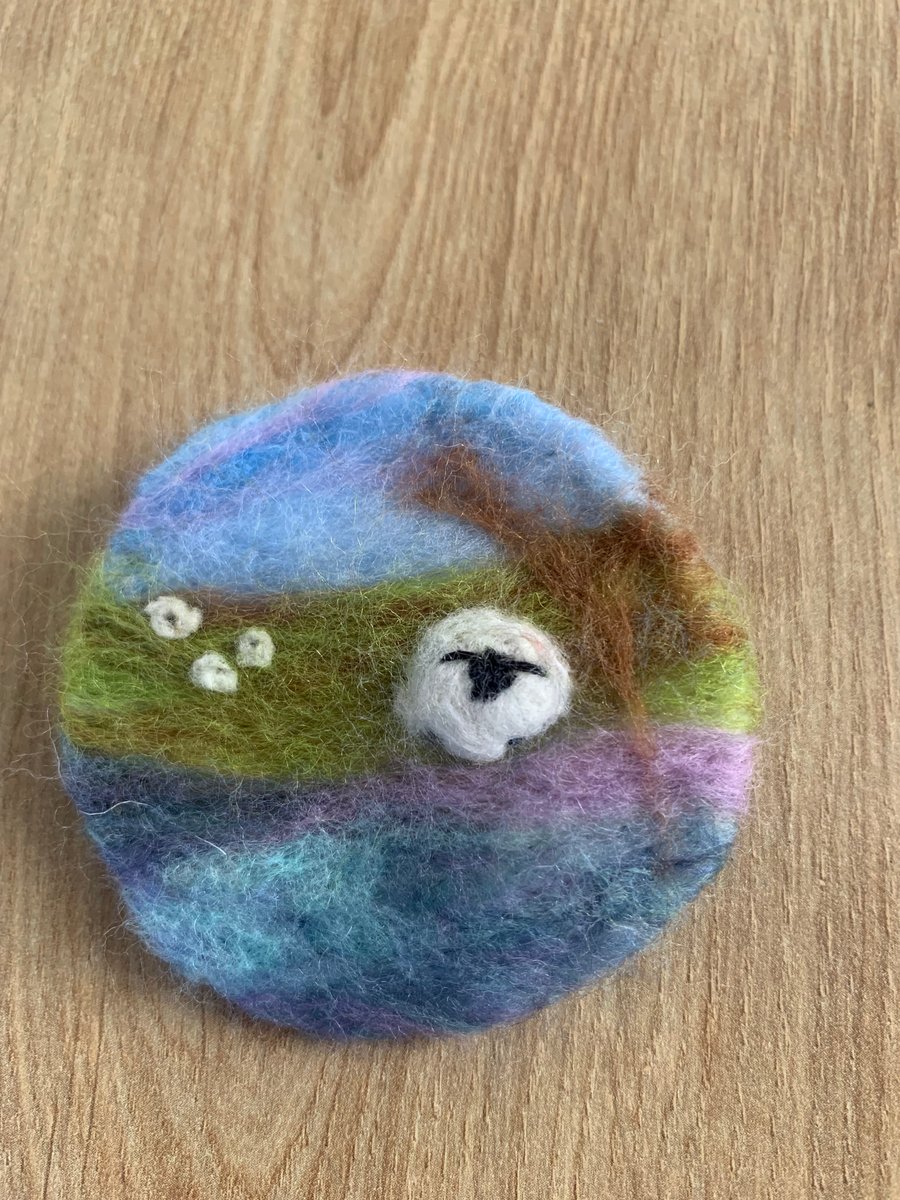 Needle felted sheep in the dales brooch