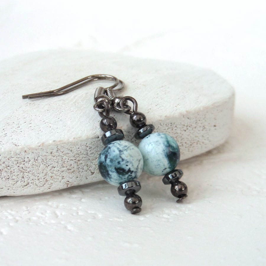 Green fire agate and hematite earrings, great stocking filler