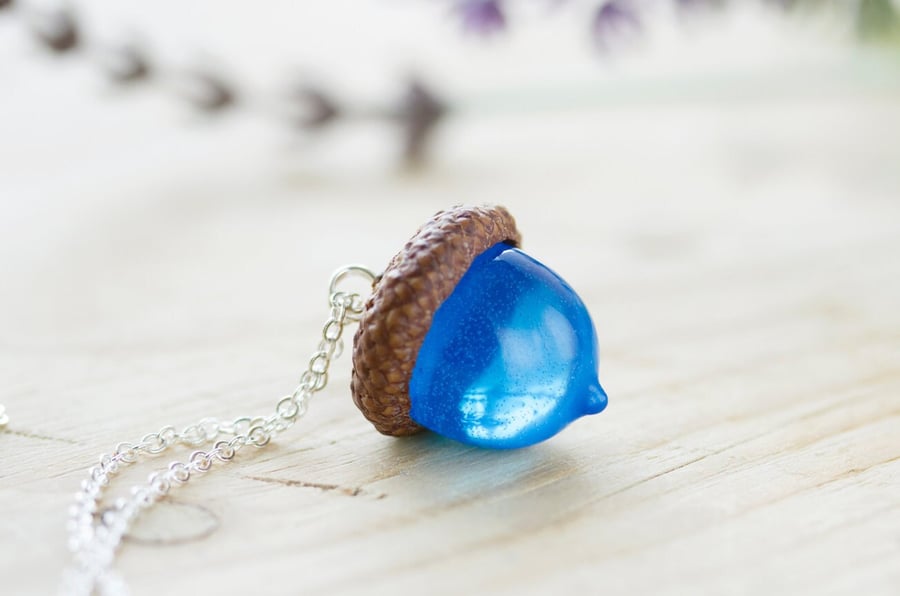 Acorn Necklace Cobalt Real Flower Jewelry Gifts for Her Acorn Jewelry Resin Neck