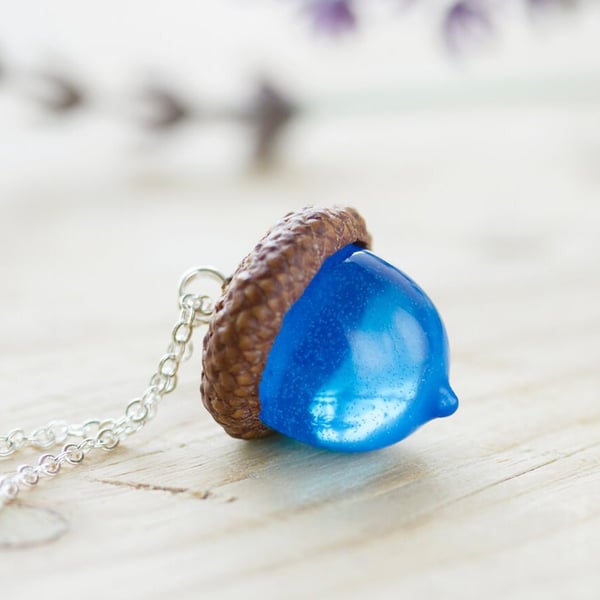 Acorn Necklace Cobalt Real Flower Jewelry Gifts for Her Acorn Jewelry Resin Neck