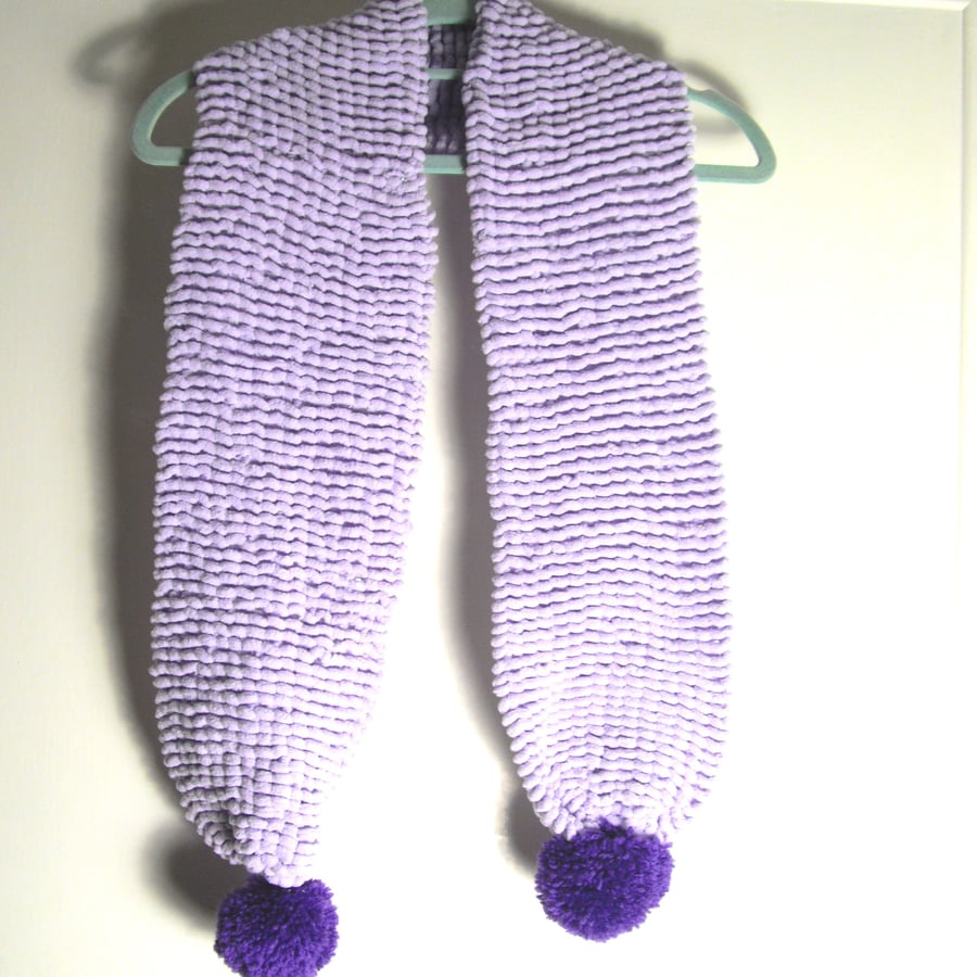 Purple Pom Pom Hand Knitted Scarf