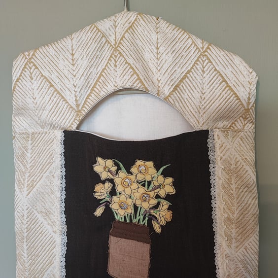 Peg Bag with Applique and Embroidered Pot of Daffodils