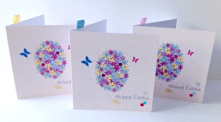 Easter Cards,'Floral Egg'Printed Design Handfinished,Pk of 3