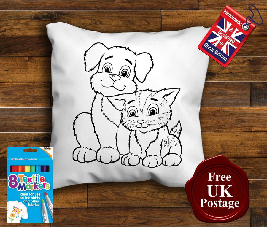 Cat & Dog Colouring Cushion Cover With or Without Fabric Pens Choose Your Size