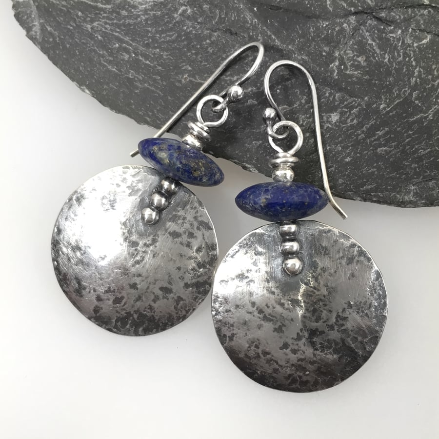 Large round silver and lapis lazuli earrings
