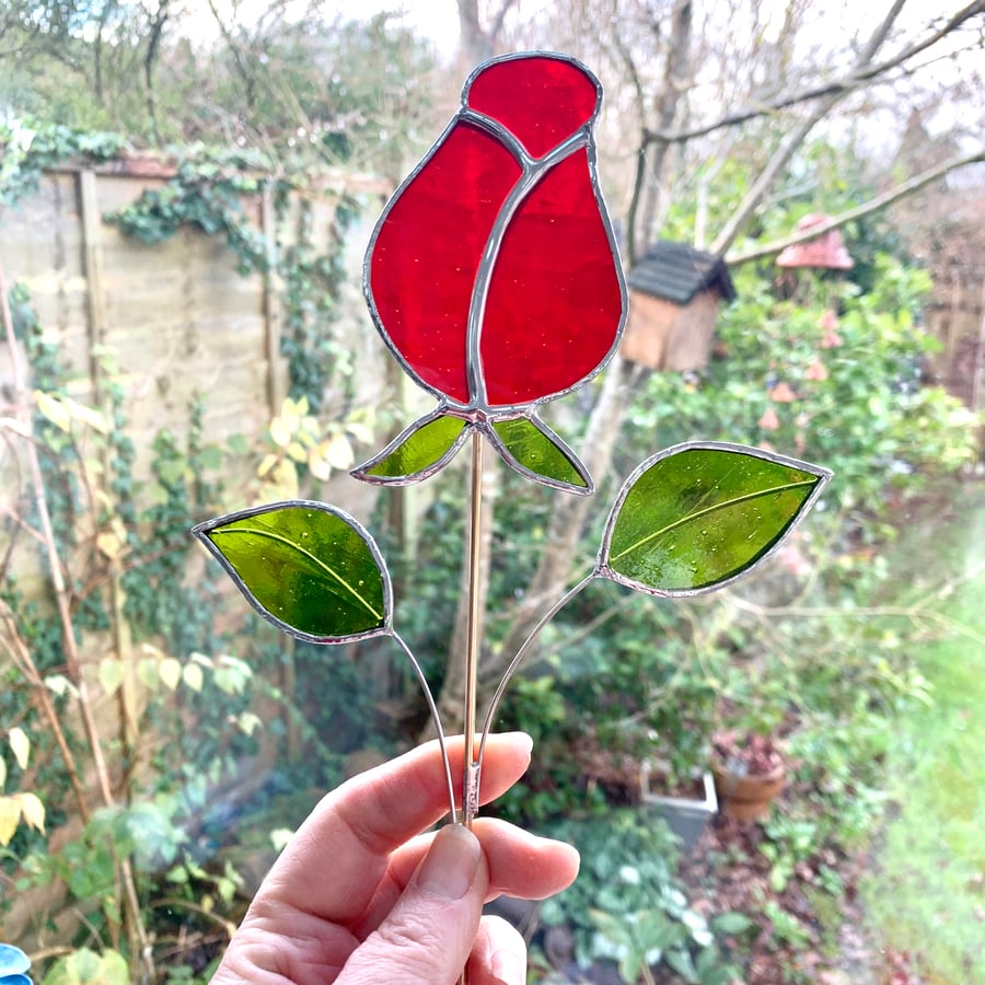 Stained  Glass Rose Stake - Plant Pot Decoration - Red