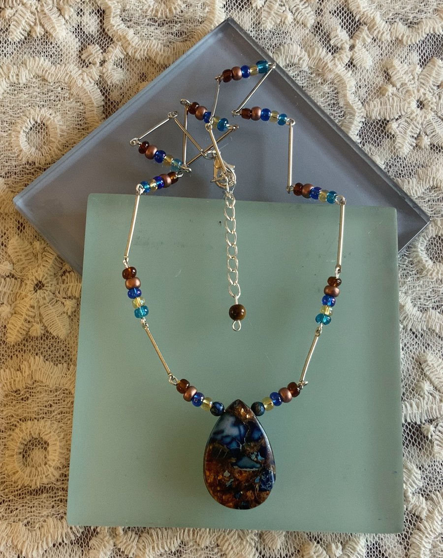 Bronzite & Imperial Jasper Gemstone Pendant Necklace.