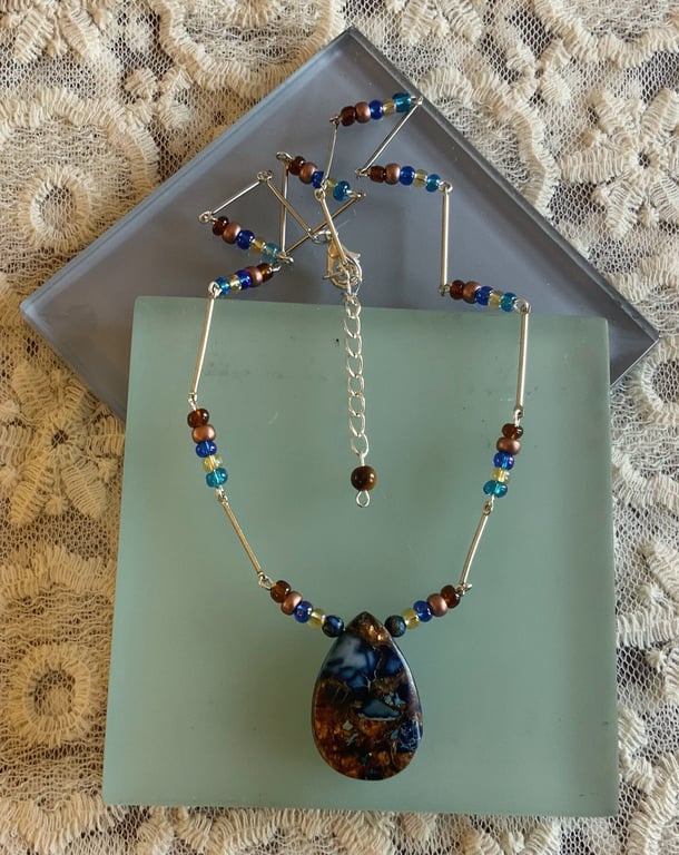 Bronzite & Imperial Jasper Gemstone Pendant Necklace.