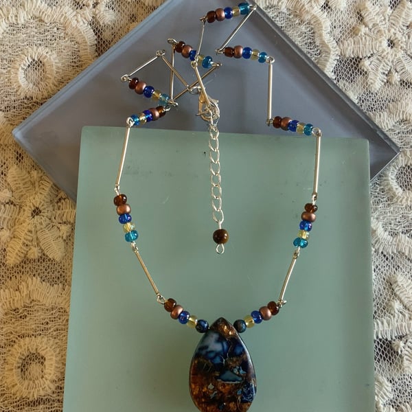 Bronzite & Imperial Jasper Gemstone Pendant Necklace.