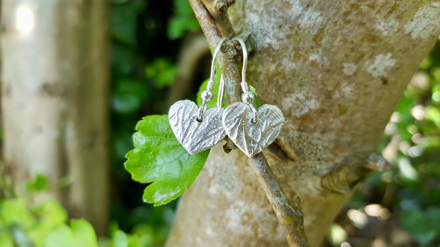 Silver heart earrings -handmade jewellery-nature theme tree design-love