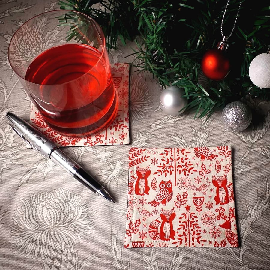 Square Coaster Set - Red Winter Forest Christmas Design
