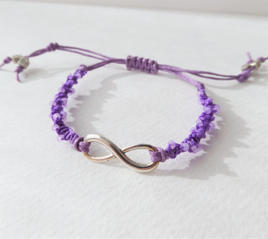 Silver Infinity Purple Bracelet, Beaded Spiral Macramé Bracelet.