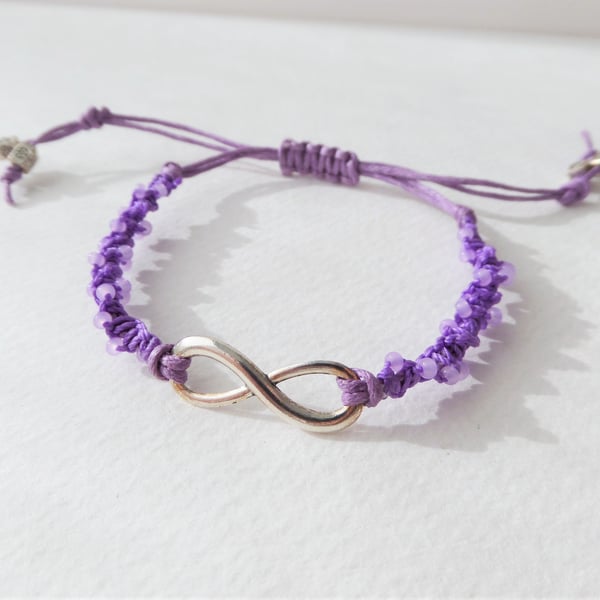 Silver Infinity Purple Bracelet, Beaded Spiral Macramé Bracelet.