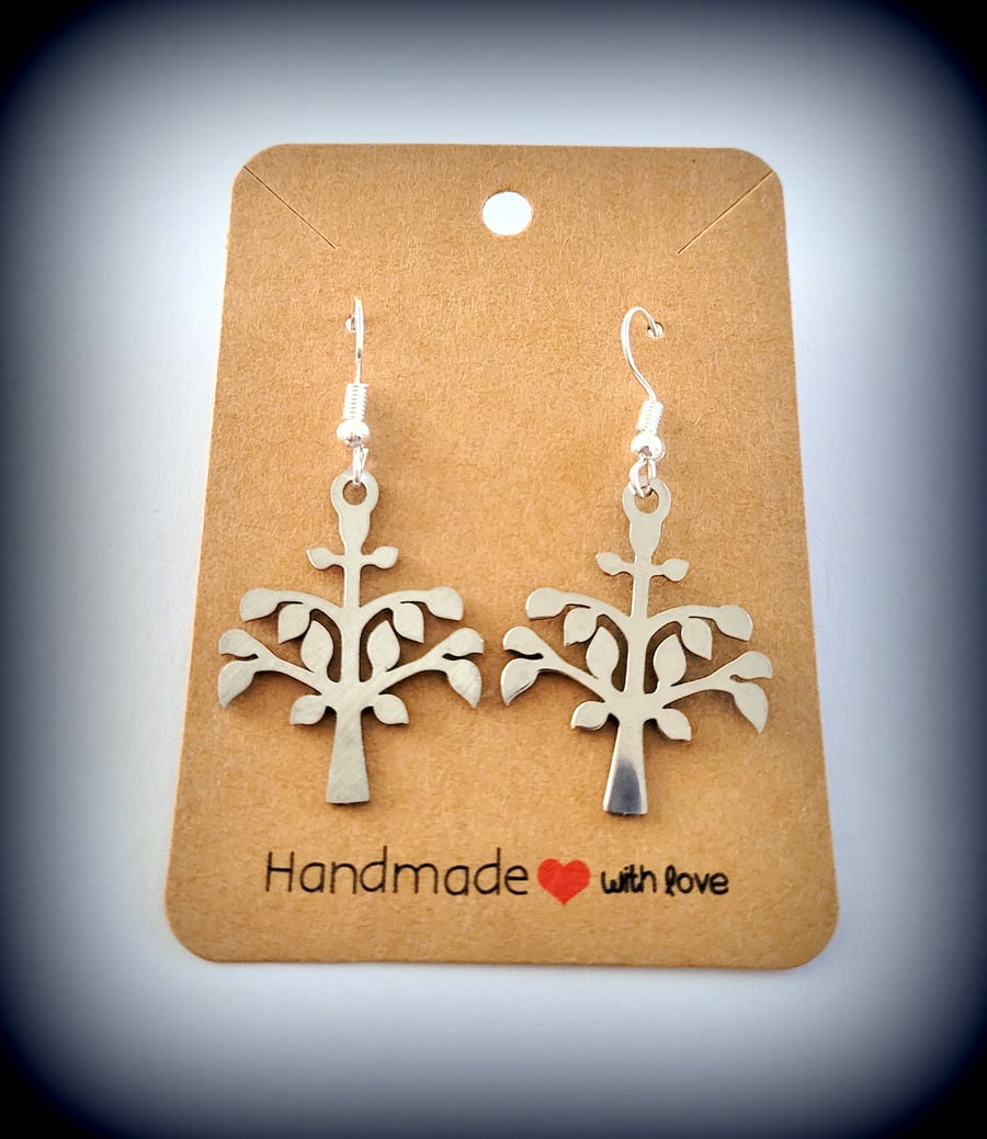 Silver Tree of Life Charm Dangle Earrings on Silver Plated Earring Hooks