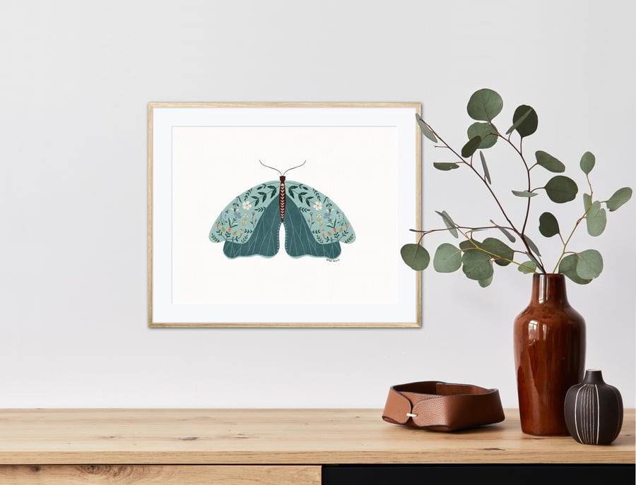 Teal Blue Botanical Floral Moth Illustrated Art Print