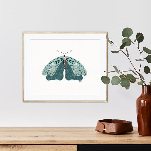 Teal Blue Botanical Floral Moth Illustrated Art Print