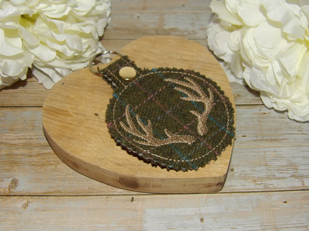 Tweed bag charm or key ring with embroidered Antlers 