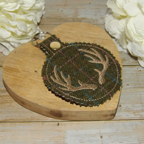 Tweed bag charm or key ring with embroidered Antlers 