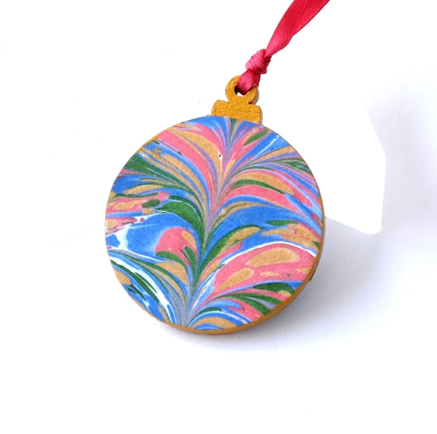 Marbled paper wood Christmas bauble hanging decoration