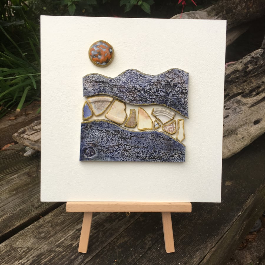 blue ceramic landscape artwork - with found vintage china pieces from the Thames