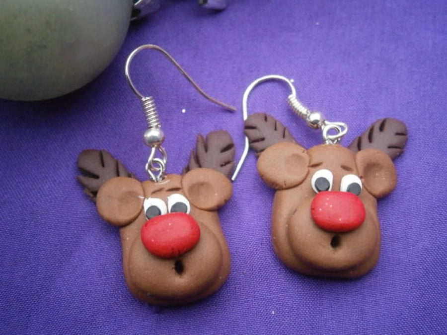 Christmas Novelty Fimo Earrings RUDOLPH (Light Brown) 2