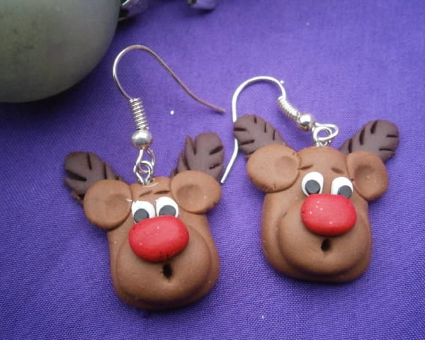 Christmas Novelty Fimo Earrings RUDOLPH (Light Brown) 2