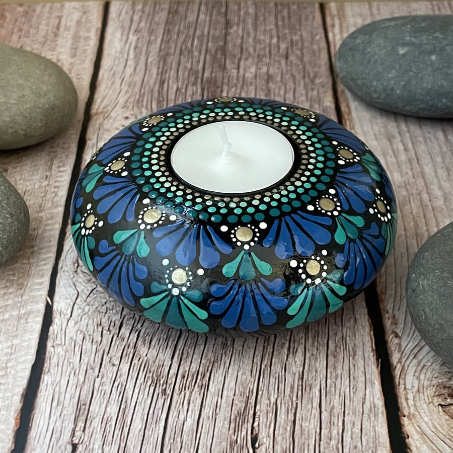 Blue Mandala Tea Light Candle Holder Acrylic Art Painting Hand Painted Unique