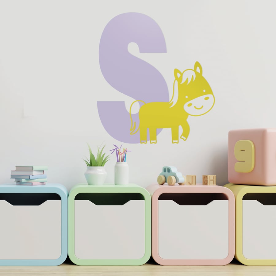 Personalised Initial & Animal Wall Sticker - Horse: Farm Custom Kids Room Decor