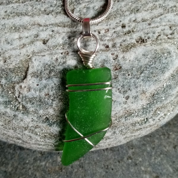Spring and Summer inspired Sea glass pendant on silver plated snake chain