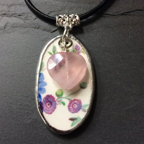 Oval China pendant with rose quartz  (0559)