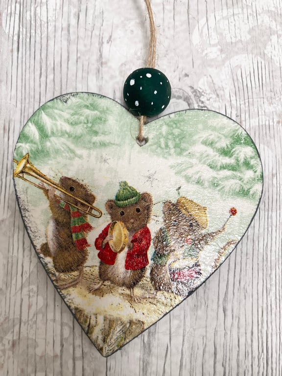 Vintage Style Musical Christmas Mice Large Hanging Heart Decoration 
