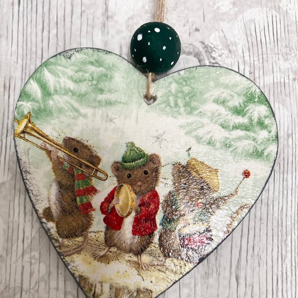 Vintage Style Musical Christmas Mice Large Hanging Heart Decoration 