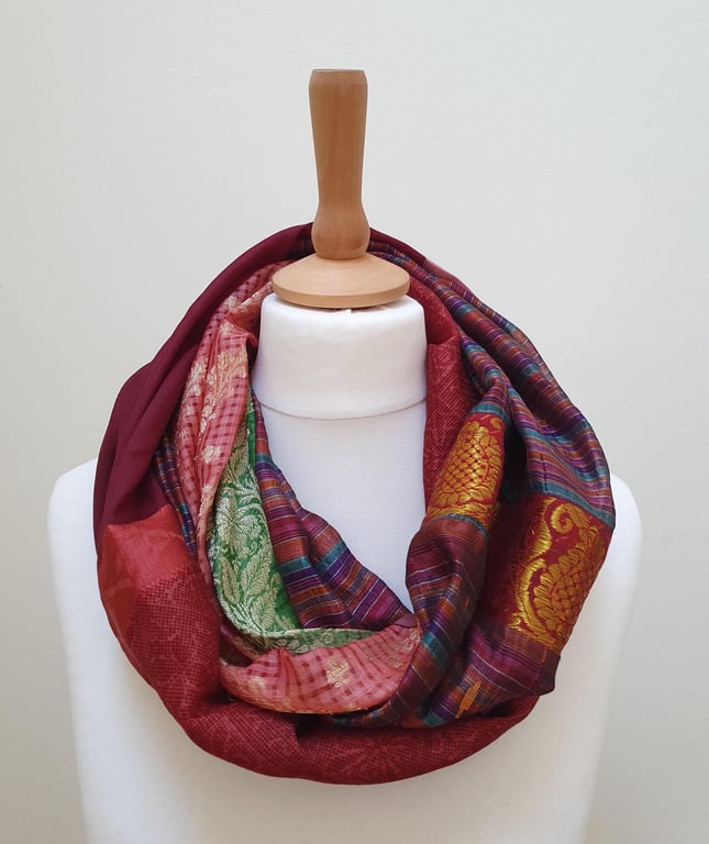 Sari silk double sided infinity scarf. Shades of burnt orange, burgundy, green a